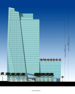 A rendering of the east elevation of the building, which rises to 500 feet at the pinnacle. (NBWW)