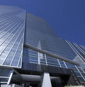 The 1450 Brickell building is a resilient structure that features impact-resistant blue glass throughout the building, not just on the lower floors as required by code. The glass is designed to resist shattering when struck by large projectiles that typically fly through the air during a hurricane. (New York Focus LLC)