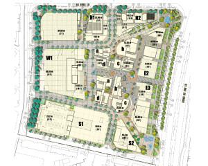 The site plan. The project consists of 15 buildings for office, hotel, and retail uses and 11 outdoor piazzas. (Chongbang)
