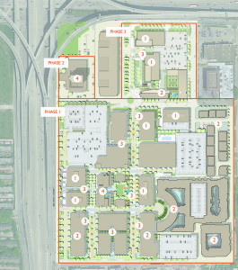 CityCentre phasing and site plan. Key: 1 = office, 2 = residential, 3 = retail/restaurant, 4 = hotel.